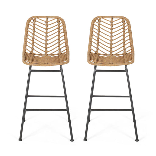 Noble House Sawtelle outdoor wicker barstools set of 2 with metal frames and woven wicker seats for patio or outdoor bar area.