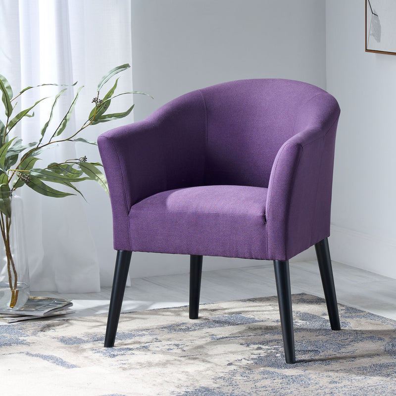 Noble House fabric arm chair with wooden legs and cushioned plum-colored seat, modern and comfortable living room furniture.