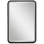 Black Croften vanity mirror by Uttermost featuring a sleek, modern design with a round reflective surface.