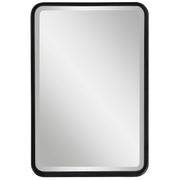 Black Croften vanity mirror by Uttermost featuring a sleek, modern design with a round reflective surface.