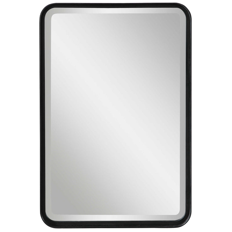 Black Croften vanity mirror by Uttermost featuring a sleek, modern design with a round reflective surface.