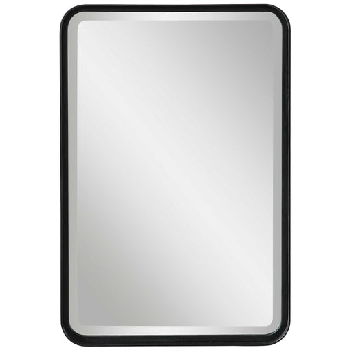 Black Croften vanity mirror by Uttermost featuring a sleek, modern design with a round reflective surface.