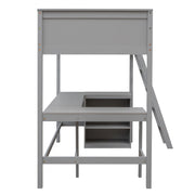 DreamHaus loft bed with built-in shelves and desk, featuring a sturdy frame, workspace, and storage in a modern bedroom setup.