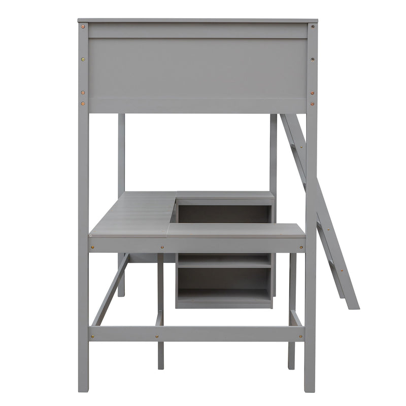 DreamHaus loft bed with built-in shelves and desk, featuring a sturdy frame, workspace, and storage in a modern bedroom setup.