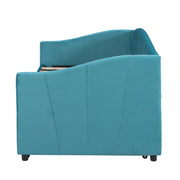 DreamHaus upholstered daybed sofa bed with trundle and wood slat base, featuring plush fabric and a versatile sleeping design.