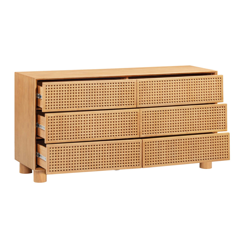 TOV Furniture Miles 6-drawer dresser in natural wood finish with sleek modern design and silver handles.