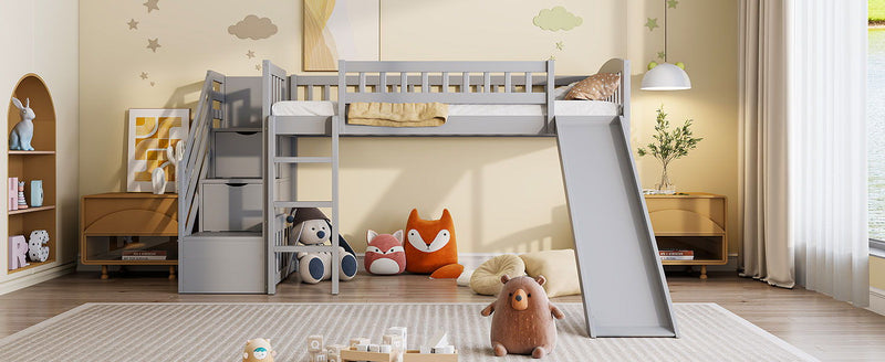 DreamHaus loft stairway bed with two drawers, convertible ladder, and slide, showcasing a modern kids' bedroom furniture piece.
