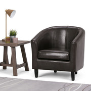Simpli-Home Austin transitional tub arm chair with plush fabric upholstery and modern design, suitable for living room decor