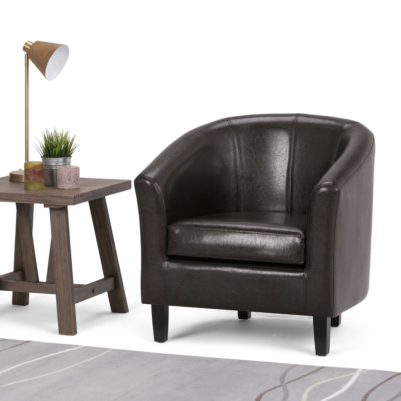 Simpli-Home Austin transitional tub arm chair with plush fabric upholstery and modern design, suitable for living room decor