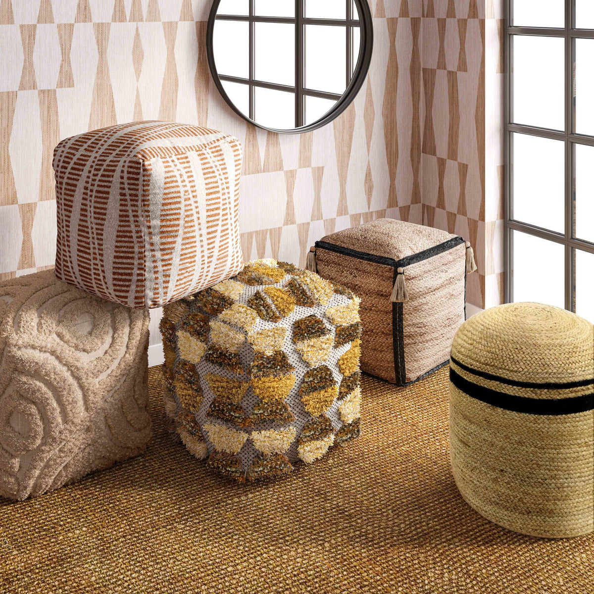 Cream and natural woven accent pouf by TOV Furniture, showcasing a textured, stylish woven design ideal for modern living spaces.