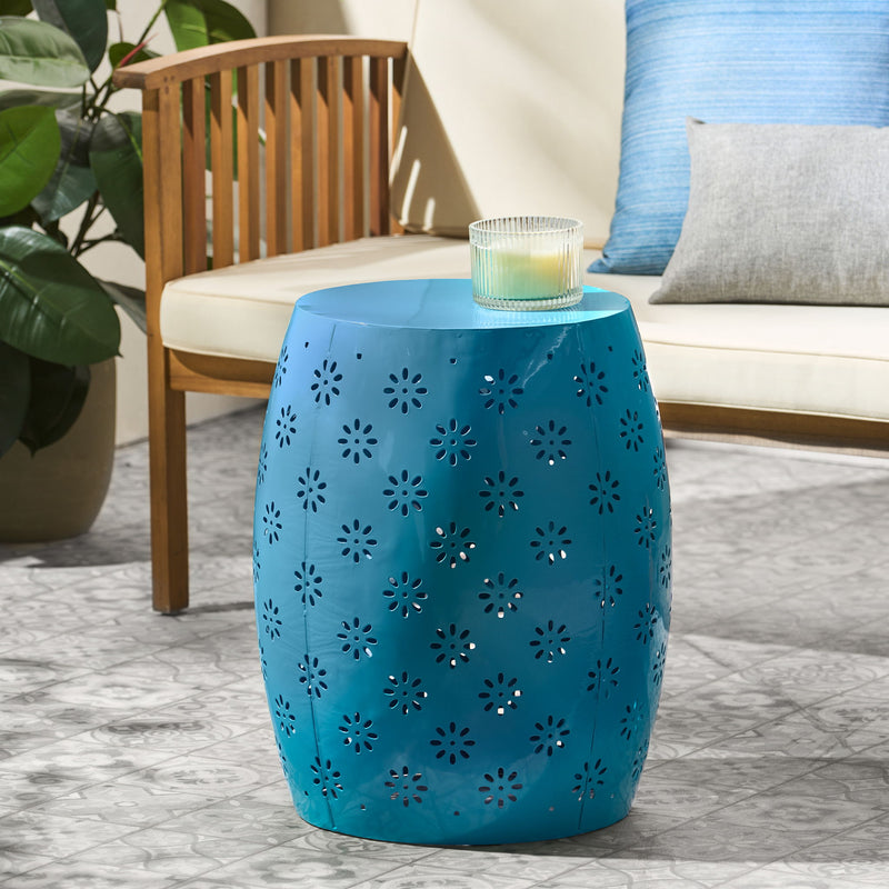 Noble House Soleil barrel-shaped side table with smooth wooden finish and modern cylindrical design.