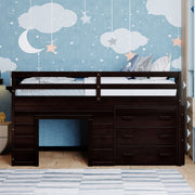 DreamHaus loft bed with integrated cabinet and shelf, featuring a sturdy wooden frame and space-saving design for kids' bedroom.
