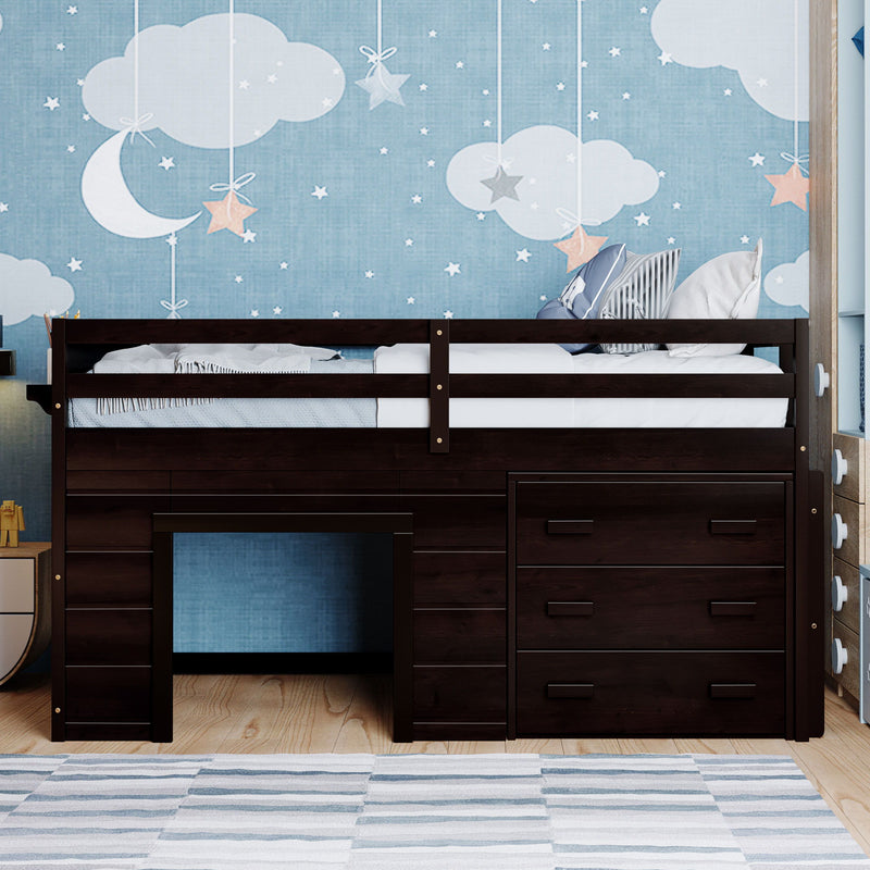 DreamHaus loft bed with integrated cabinet and shelf, featuring a sturdy wooden frame and space-saving design for kids' bedroom.
