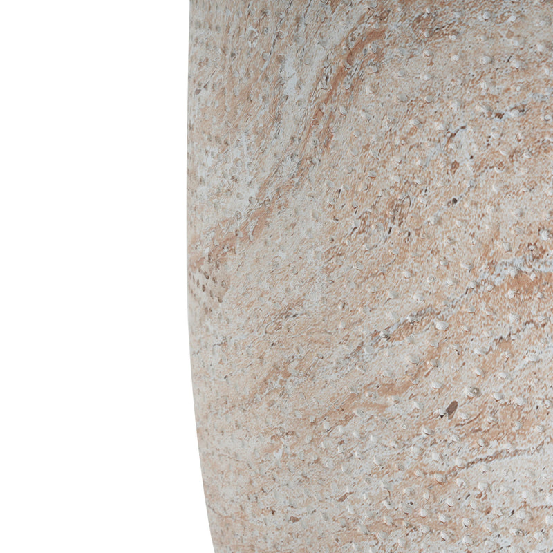 Noble House beige concrete side table with travertine surface, suitable for outdoor or indoor use, lightweight and stylish.