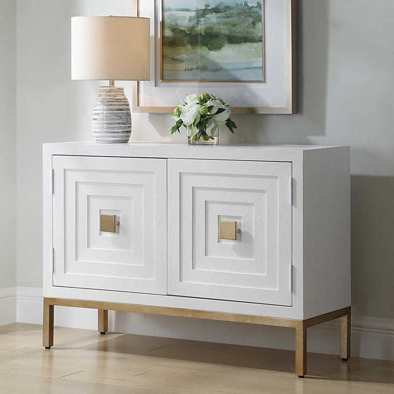 Uttermost Aiken accent cabinet with sleek wood finish and modern design, featuring elegant hardware and spacious storage.