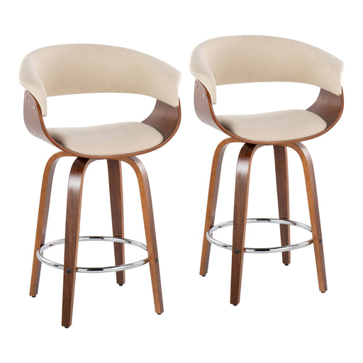 Set of two Lumi Source vintage mid-century modern counter stools with swivel, fixed height, round footrest, and sleek design