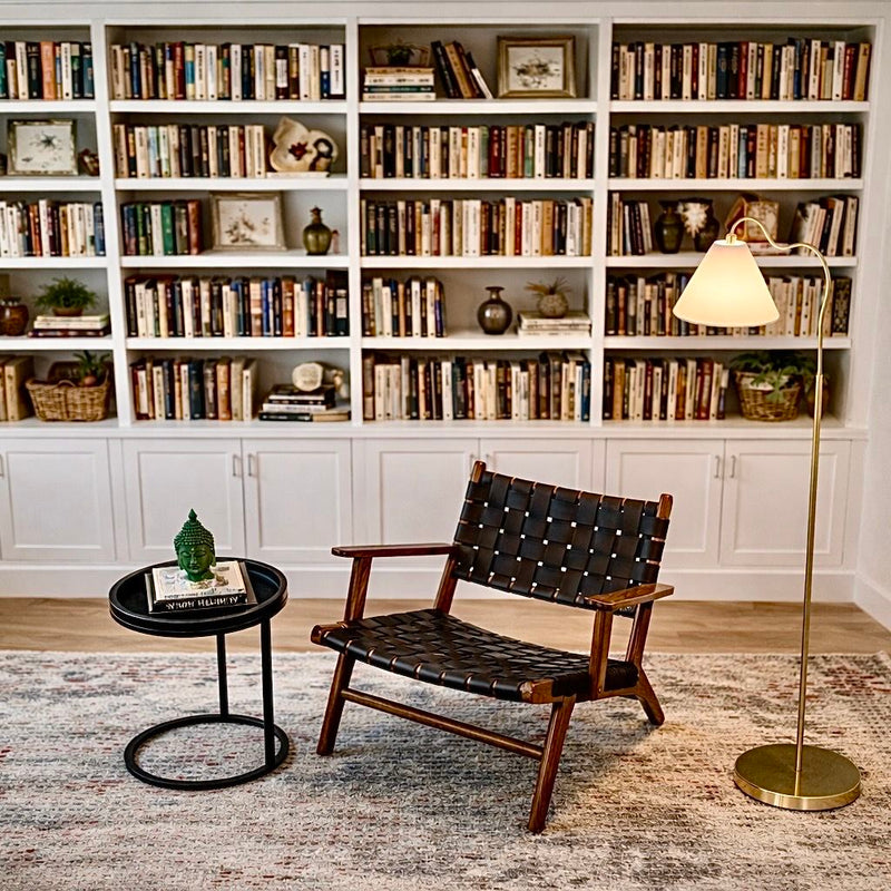 Majestic - Ring Base Curved Floor Lamp With Triangle Drum Shade - Gold / White - R&R Furniture Gallery (Fountain Valley, CA)