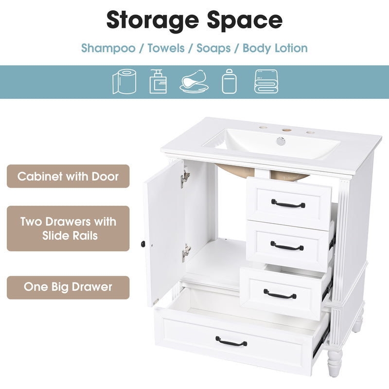 30" Bathroom Vanity With Sink, 3 Drawers, Adjustable Feet - R&R Furniture Gallery (Fountain Valley, CA)