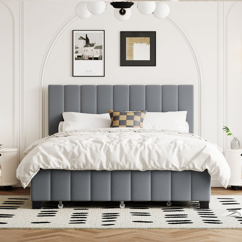 DreamHaus platform upholstered storage bed with two drawers and twin long trundle, showcasing a modern, padded headboard and sleek frame
