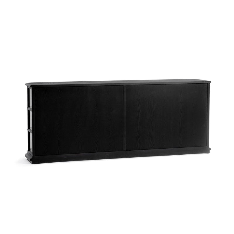 Classic Home Carson Loft Black 4-door buffet cabinet with sleek design and ample storage, shown in a modern interior setting.