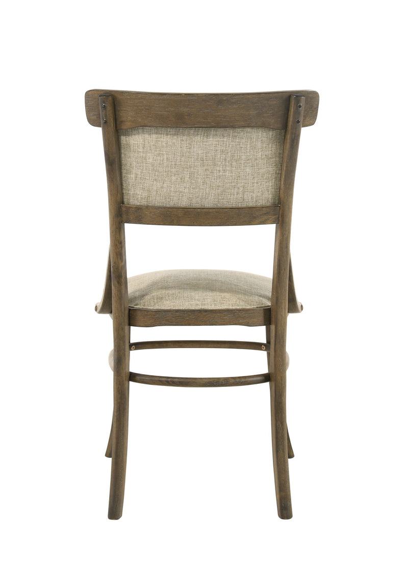 Set of two Lilola Home Bistro wide dining chairs with cushions in vintage walnut finish, showcasing their sturdy wooden frame and comfortable design.
