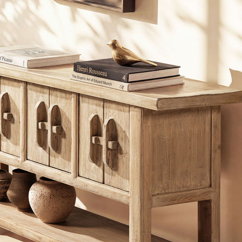 Jennifer Taylor Home Rowan sideboard with natural wood finish and lower shelf, showcasing sleek storage and modern design.