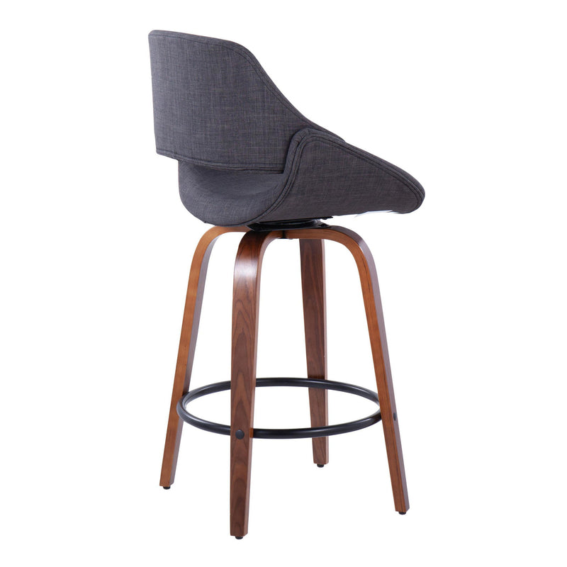 Lumi Source Fabrico mid-century modern fixed height counter stool set with round footrest, featuring sleek wooden legs and cushioned seats.