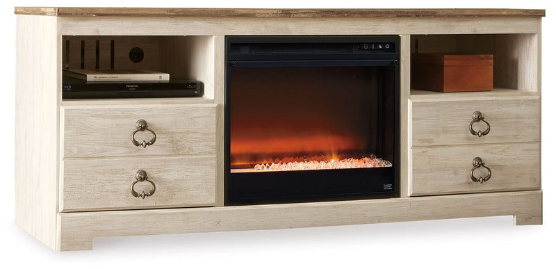 Willowton - 64" TV Stand With Glass/Stone Fireplace Insert - Whitewash - R&R Furniture Gallery (Fountain Valley, CA)