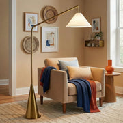 Lisbon - Floor Lamp With On / Off Switch Coned Base Hanging Shade - Antique Brass / White - R&R Furniture Gallery (Fountain Valley, CA)