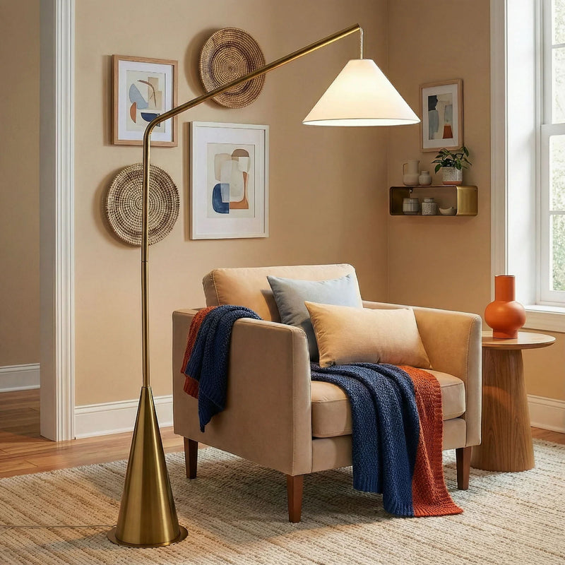 Lisbon - Floor Lamp With On / Off Switch Coned Base Hanging Shade - Antique Brass / White - R&R Furniture Gallery (Fountain Valley, CA)