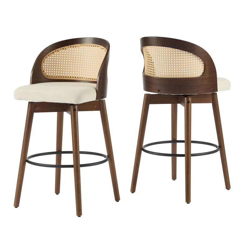 Pair of Noble House Como indoor wood barstools with natural finish and sleek design, perfect for kitchen or bar area.