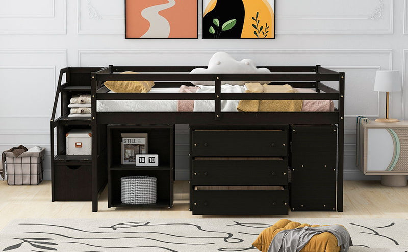 Loft Bed With Retractable Writing Desk And 3 Drawers With Storage Stairs And Shelves - R&R Furniture Gallery (Fountain Valley, CA)