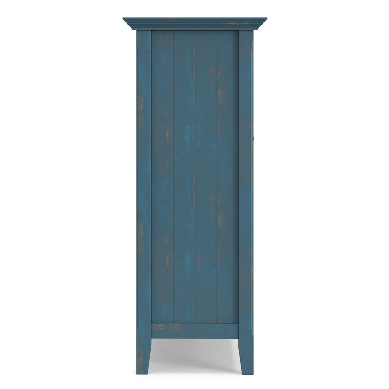 Handcrafted Acadian medium storage cabinet by Simpli-Home featuring wooden doors and a compact, stylish accent cabinet design.