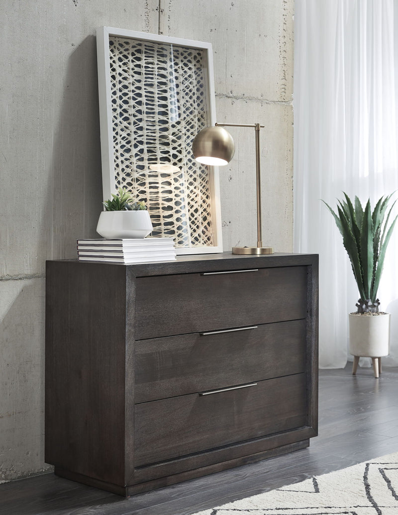 Modus Oxford 3 Drawer Nightstand in Basalt Grey, standalone furniture piece with sleek design and modern finish.
