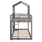 DreamHaus bunk bed made of wood with roof, window, guardrail, and ladder for children's bedroom.