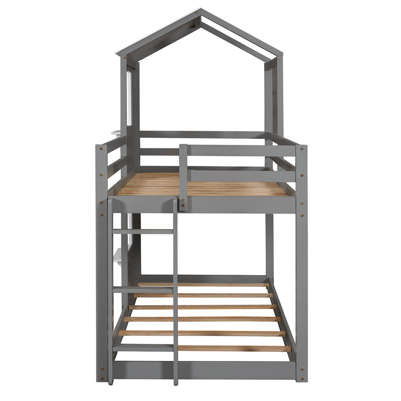 DreamHaus bunk bed made of wood with roof, window, guardrail, and ladder for children's bedroom.