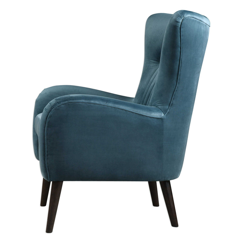 Blue Dax Mid-Century Accent Chair by Uttermost with wooden legs and curved backrest, stylishly designed for modern decor.