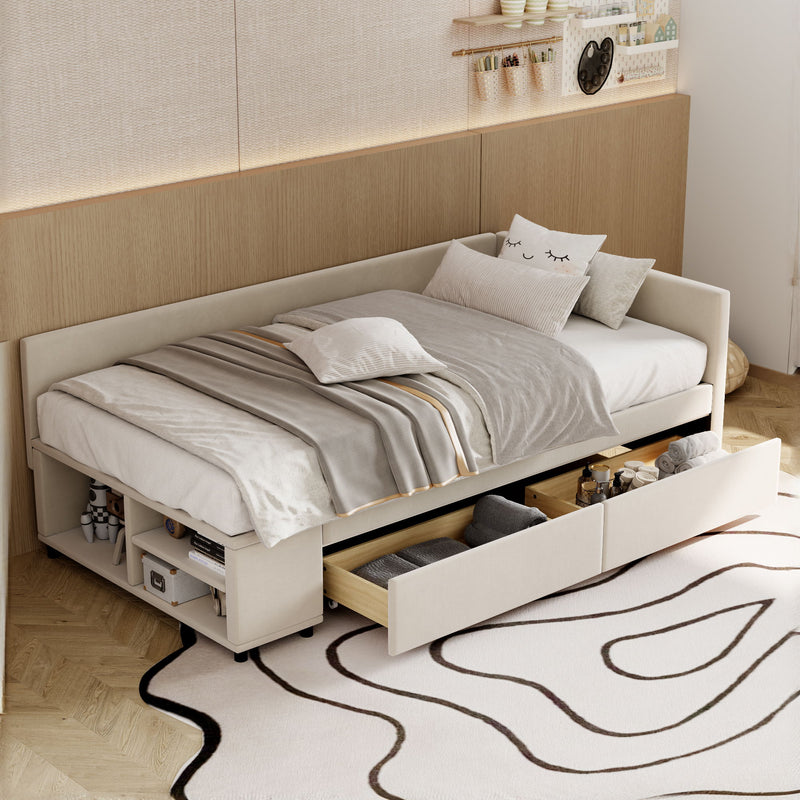 L Shaped Upholstered Platform Bed With Storage And Drawers - R&R Furniture Gallery (Fountain Valley, CA)