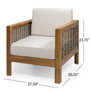 Outdoor 4-seater acacia wood chat set with wicker accents and beige cushions, featuring teak and mixed brown finishes.