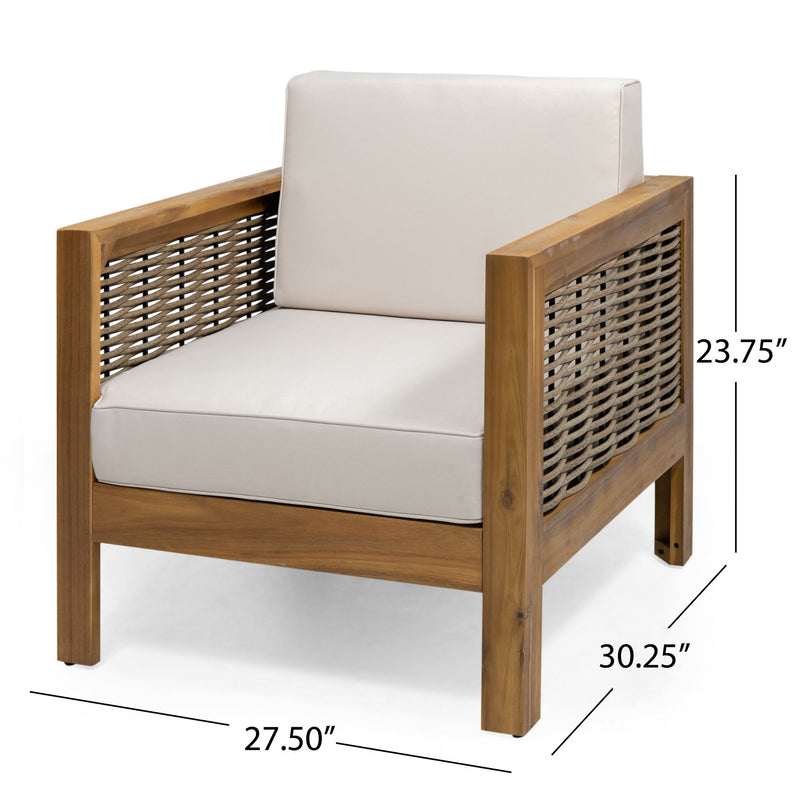 Outdoor 4-seater acacia wood chat set with wicker accents and beige cushions, featuring teak and mixed brown finishes.