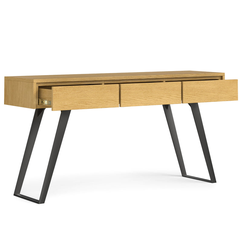Simpli-Home Lowry oak console sofa table featuring a sleek design and smooth wooden surface, perfect for entryways or living rooms.