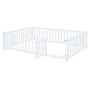 DreamHaus storage daybed with fence guardrails and two drawers, convertible into separate floor bed and daybed, shown in a cozy bedroom setting.