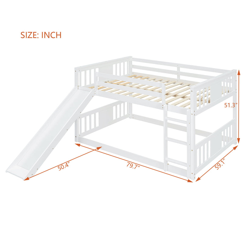 White DreamHaus full over full bunk bed with ladder and slide, showing the sturdy frame, ladder, and slide in a modern bedroom setting.
