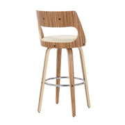 Set of two Lumi Source Cecina mid-century modern barstools with swivel, zebra and cream upholstered seats, fixed height design.