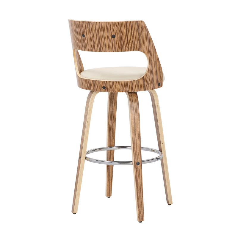 Set of two Lumi Source Cecina mid-century modern barstools with swivel, zebra and cream upholstered seats, fixed height design.