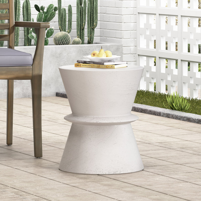 Outdoor lightweight concrete end table with hourglass shape, antique white finish, by Noble House.