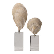 Set of two beige oyster shell sculptures by Uttermost, detailed textured figurines perfect for coastal home decor.