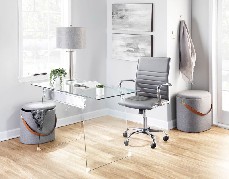 Lumi Source Glacier contemporary desk with clear glass top and chrome metal frame, modern writing desk for home or office.