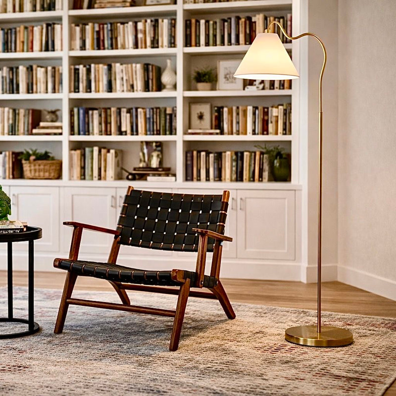 Majestic - Ring Base Curved Floor Lamp With Triangle Drum Shade - Gold / White - R&R Furniture Gallery (Fountain Valley, CA)