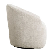 Cream upholstered JLA swivel chair with 360-degree rotation, featuring plush cushioning and a modern design.